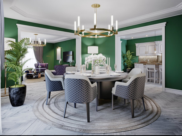 豪华的餐厅在一个大房子里，有一张六人圆桌。皮椅子，大理石台面，电视，餐具柜，绿色墙壁。图片下载