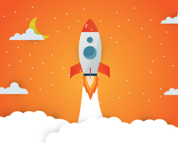 火箭发射飞船平面设计矢量，启动概念，月夜时间上太空。图片下载