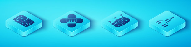 设置等距规划策略，交叉绷带石膏，锦标赛支架和曲棍球体育场图标。向量图片下载