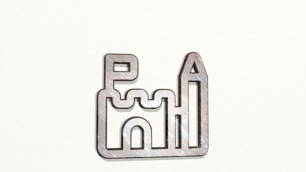 历史建筑城堡由一个闪闪发光的金属雕塑在墙上的3D插图和灯光背景。建筑与城市图片下载