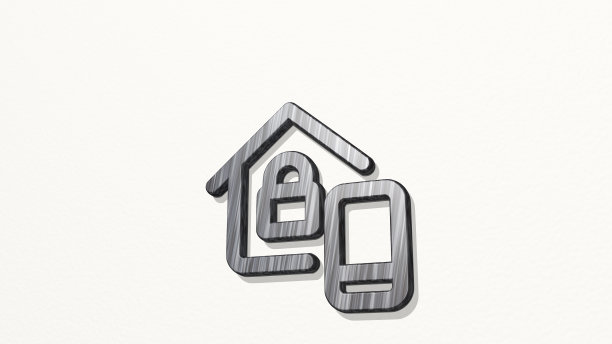 智能住宅电话锁由一个闪亮的金属雕塑在墙上的3D插图与灯光背景。业务和概念图片下载