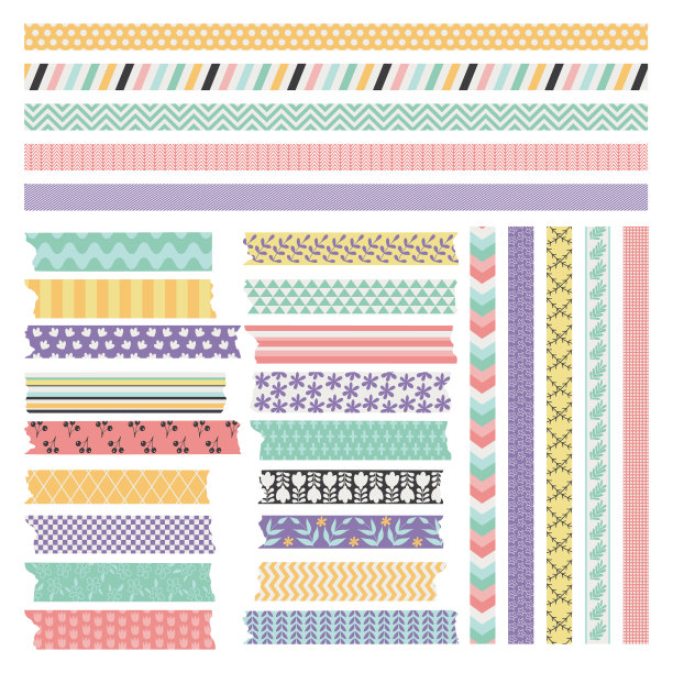 剪贴带或washi条纹设置，平面矢量插图孤立。图片下载