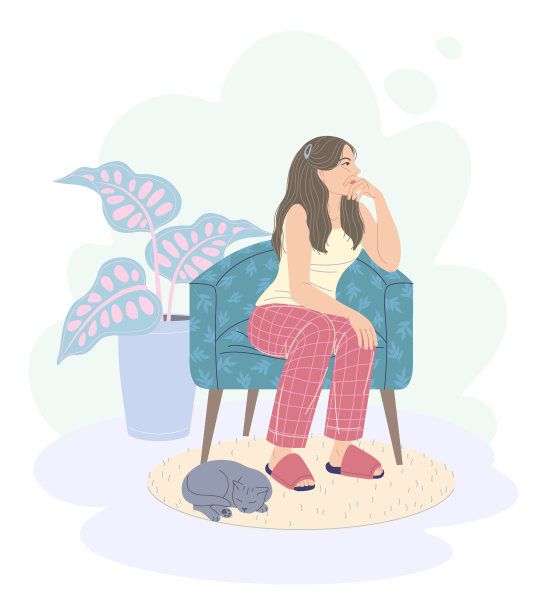 沉思的年轻女子在扶手椅盆栽和猫图片下载