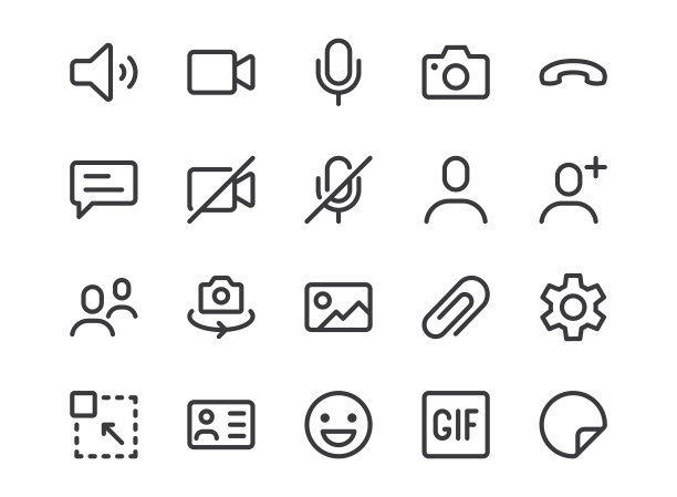 线视频通话图标。最小的矢量插图，简单的轮廓图标-聊天，消息，麦克风，摄像头，会议和其他象形图的视频通话界面。可编辑的描边像素完美图片下载