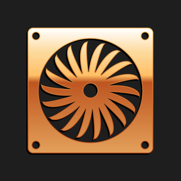 金色电脑冷却器图标孤立在黑色背景。PC硬件的球迷。长长的阴影风格。向量图片下载