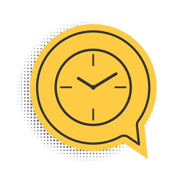 黑色时钟图标孤立在白色背景。时间的象征。黄色语音气泡符号。向量图片下载