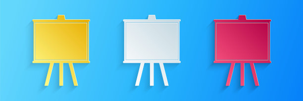 剪纸黑板图标孤立在蓝色背景。学校的黑板上的迹象。纸艺术风格。向量图片下载