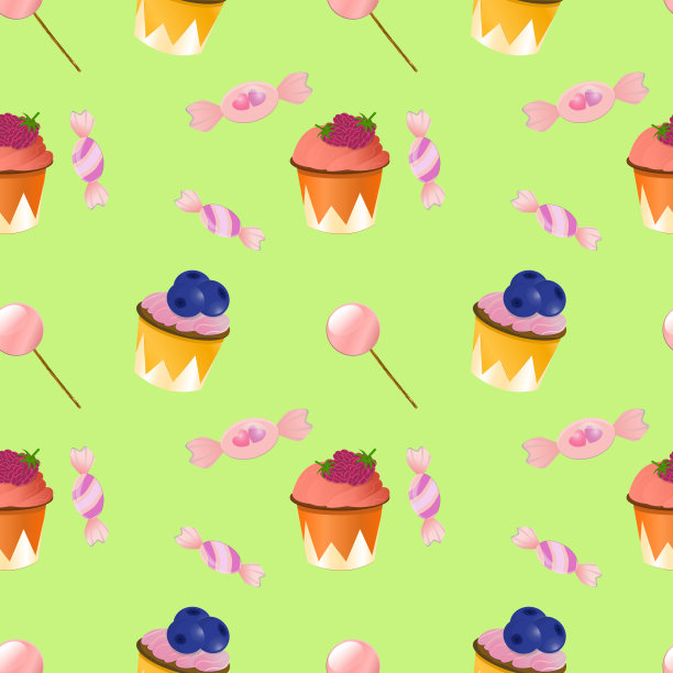 甜点图案无缝。绿色背景的纸杯蛋糕、棒棒糖和糖果。图案在卡通风格与梯度。包装纸和袋子的甜美图案。图片下载