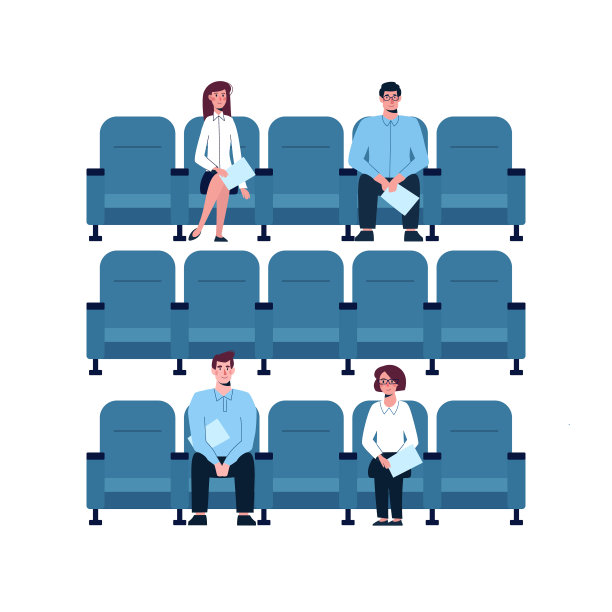 商业研讨会上的社交距离。人们保持距离，安全。女孩和男人观看演示，参加科学会议。防止病毒。向量扁平人物。图片下载