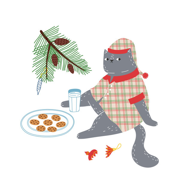 一只穿着睡衣戴着睡帽的可爱胖猫正等着带着牛奶和饼干的圣诞老人到来。可爱的圣诞矢量插图。图片下载