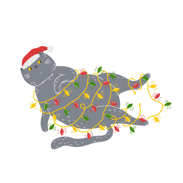 一只心满意足的灰色肥猫戴着圣诞帽，被一个圣诞树花环缠住了。亮色、有趣的图案配上可爱的猫咪是t恤、连帽衫和其他衣服的绝佳选择。图片下载