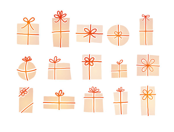 一套奶油色的圣诞礼盒与红丝带在白色的背景。图片下载