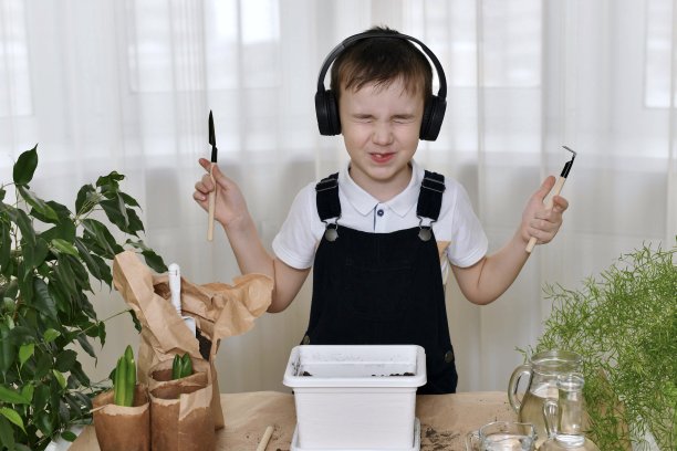 那男孩正忙于种植风信子。他挤了挤眼睛，双手示范园艺设备。图片下载