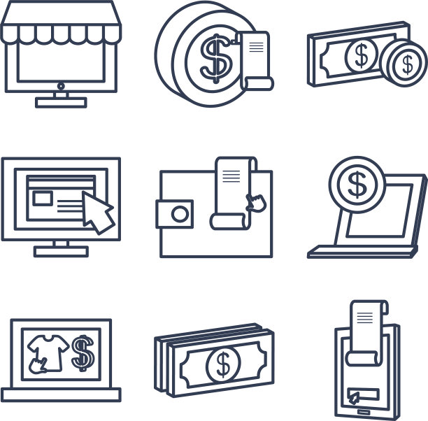 金钱账单和支付在线图标设置线图片下载