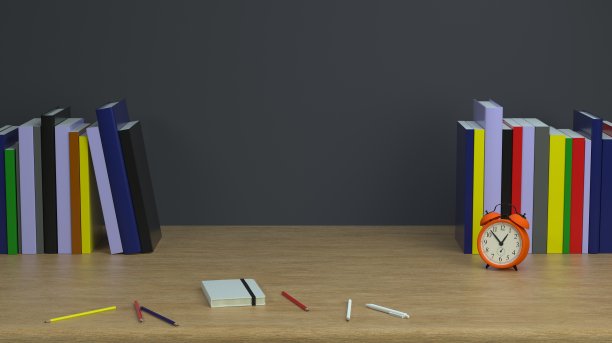 回到学校。工作场所与书，笔记本和闹钟木材学生书桌背景模型与复制空间在墙上。3 d渲染。图片下载