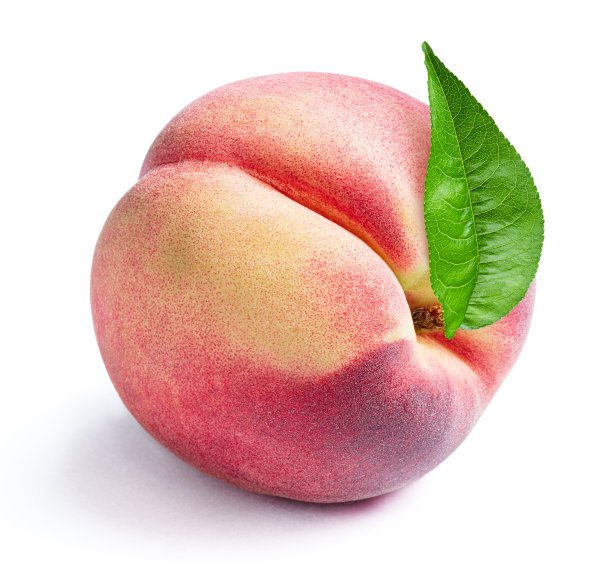 成熟的桃子，叶片孤立白色背景图片下载