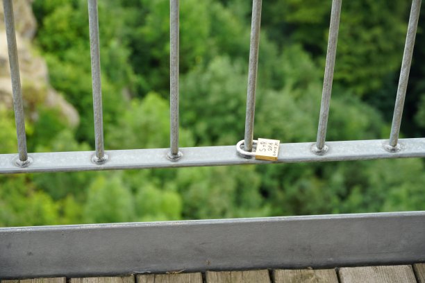 瑞士苏黎世Uetliberg瞭望塔栏杆上的爱情锁或爱情挂锁。以绿色树梢为背景的景色。图片下载