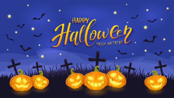 在天空中用墓地上的南瓜和蝙蝠写万圣节快乐图片下载