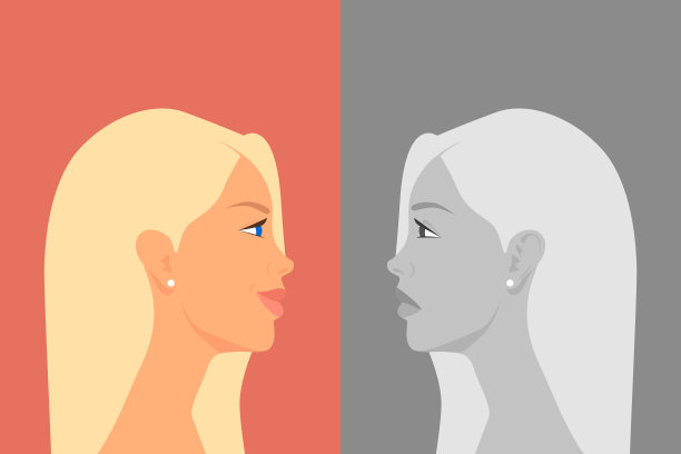 患有双相情感障碍的漂亮年轻女人。快乐和悲伤，幸福和不幸福。双面女人表现出两种不同的情绪：欣快和抑郁。扁平风格的矢量卡通。侧视图图片下载