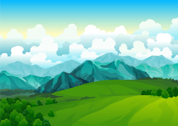风景绿油油的草地与山脉。夏天山谷的观点。景观山。野生的自然草和森林在农村。夏季矢量土地与日出素材图片