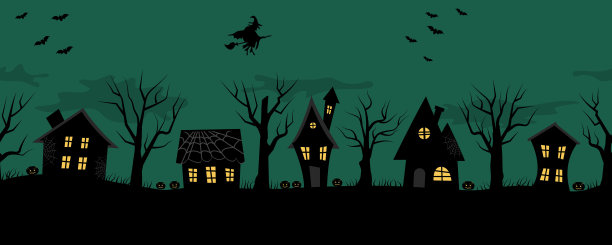 万圣节的房子。令人毛骨悚然的村庄。无缝的边界。在绿色背景上的房子和树木的黑色剪影图片下载
