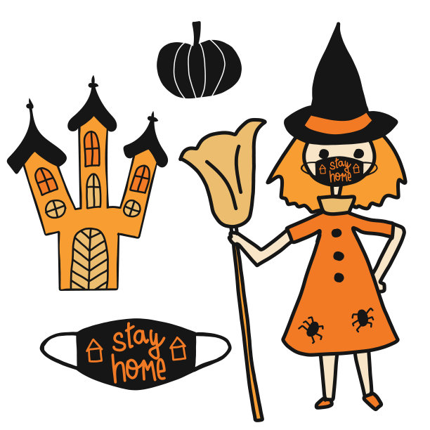 2020年万圣节居家冠状病毒矢量插图图标集。南瓜，戴面具的女巫，城堡。Covid-19病毒剪辑艺术分离。万圣节装饰，请帖，贺卡，孩子图片下载