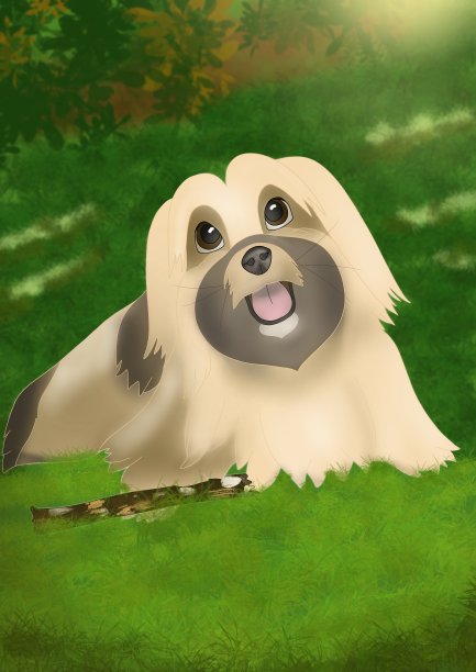 狗在草地上玩木棍图片下载