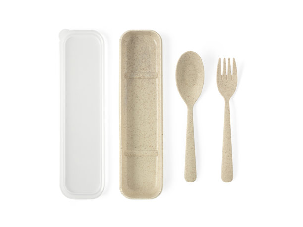 棕色塑料勺子和叉子，盒子顶部视图隔离在白色背景上，方便携带，野餐或回收安全的地球概念。图片下载