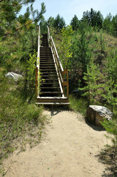 夏天阳光明媚的日子里，从山脚到山顶的长木楼梯长满了青草。图片下载