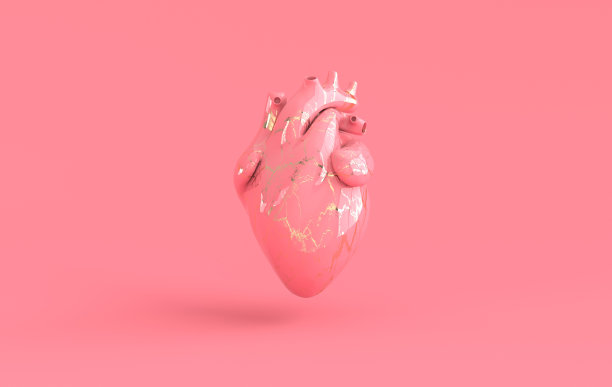 真实的人类心脏器官与动脉和主动脉三维渲染。情人节贺卡快乐。浪漫的背景。粉色和金色大理石陶瓷心图片下载