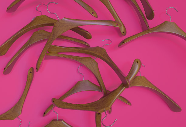 粉色地板上的许多木制衣架，3d渲染图片下载