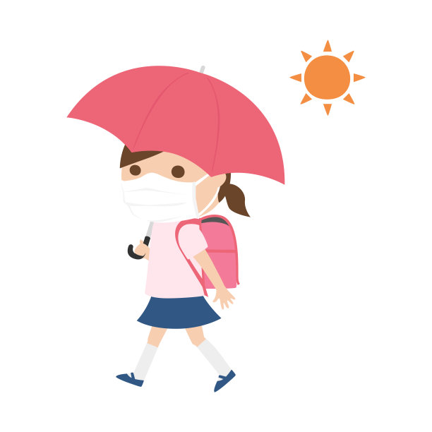 一个小学生在阳光明媚的日子使用雨伞的插图。图片下载