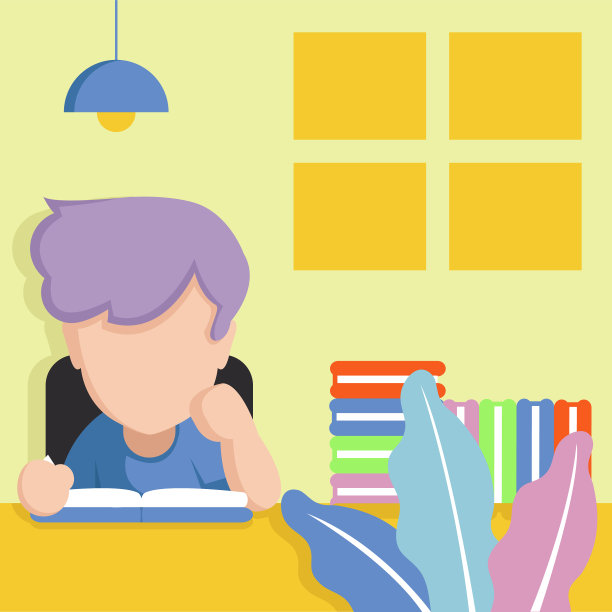 一个男孩在用扁平化的方式阅读书籍图片下载