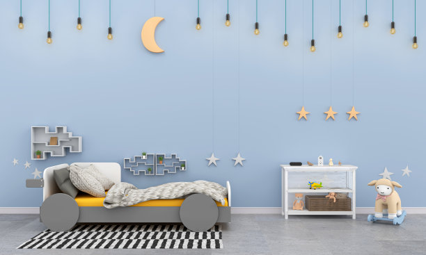 儿童房可爱的风格蓝色墙壁3d渲染图片下载