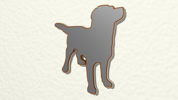 从墙上看的狗。一个用金属材料制作的厚雕塑的3D渲染。动物和可爱的图片下载