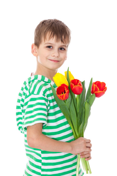 小男孩拿着郁金香图片下载