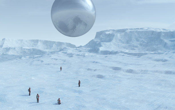 巨大的外星人银色球体漂浮在冰冻冰川上，人们穿着防护服观察它图片下载