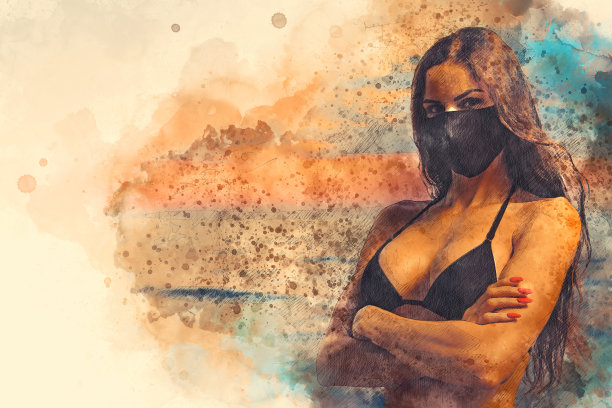 性感的年轻女子戴着黑色的布面具在海边日出图片下载