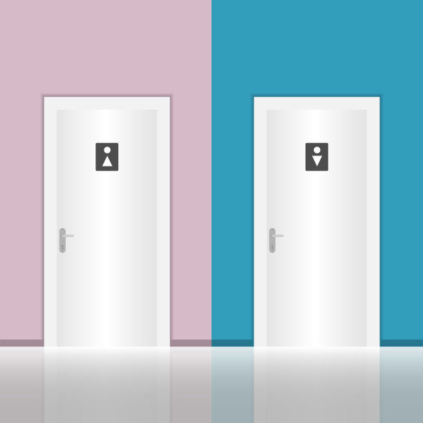 卫生间门，男厕门和女厕门背对着墙的背景。矢量插图。向量。图片下载