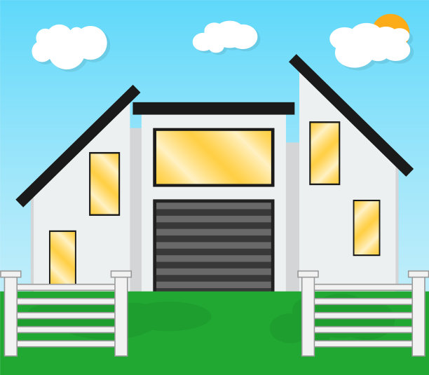 大的白色现代房子在草坪上与绿色的草与白色的篱笆和绿色植物对蓝色多云的天空。平的风格图片下载