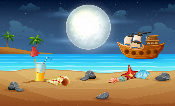 夜间航行的木制古船图片下载