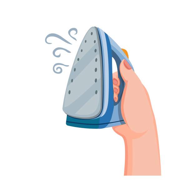 手握熨斗蒸汽洗衣概念在卡通插图矢量孤立在白色背景图片下载