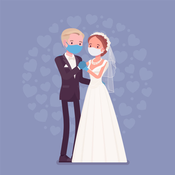 隔离婚礼仪式上，新郎新娘戴着防护口罩、手套图片下载