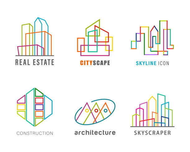 抽象设置摩天楼标志。房产中介设计标志。模板标志，符号，标志，图标的架构脱离了线条。丰富多彩的logo创意设计理念。建筑公司的图形概念。矢量图集合。图片下载