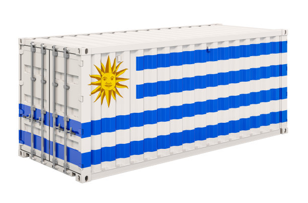 装有乌拉圭国旗的集装箱，白色背景上的3D渲染图片下载