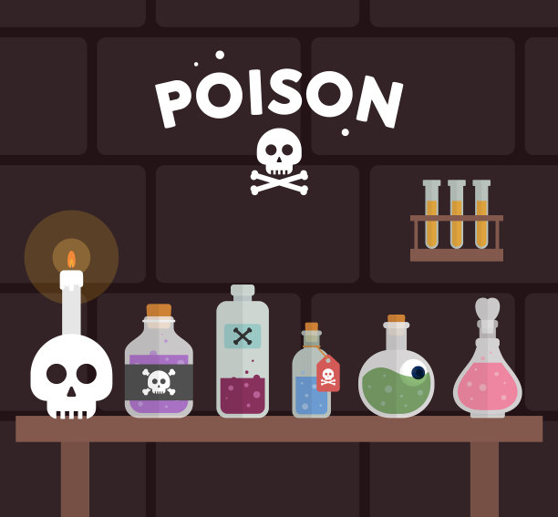 魔法药水瓶图标集。罐，炼金术魔术饮料，长生不老药或毒药。烧瓶,表。蜡烛，魔术师内部与魔术配件。幻想，女巫屋，万圣节。平面向量插图图片下载