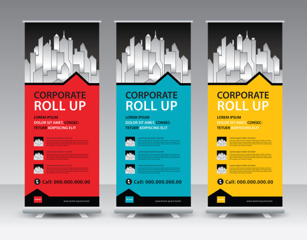 企业卷起来旗帜站向量创意设计。销售旗帜摊位或旗帜设计布局。现代展览广告向量eps10。趋势设计几何。图片下载