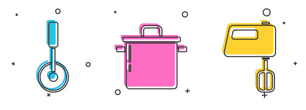 设置披萨刀，烹饪锅和电动搅拌机图标。向量图片下载