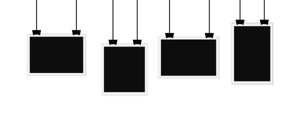一套空白的黑色照片挂在鞋带和剪辑。为文字、广告和照片留出空间。图片下载