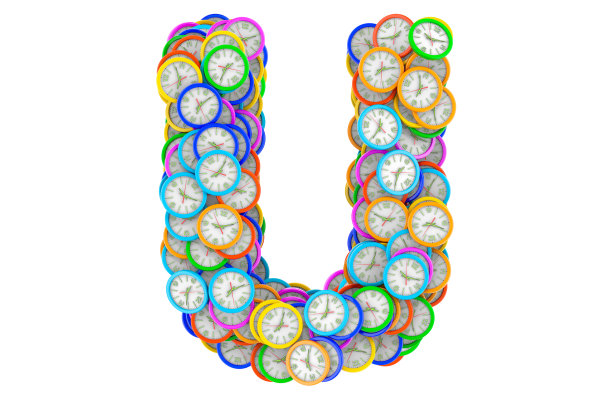 字母U来自彩色挂钟，3D渲染孤立在白色背景上图片下载